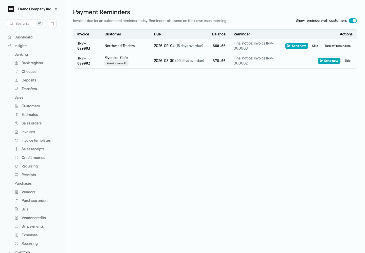 The Payment reminders worklist listing invoices due for a reminder with Send now, Skip, and Turn off reminders actions