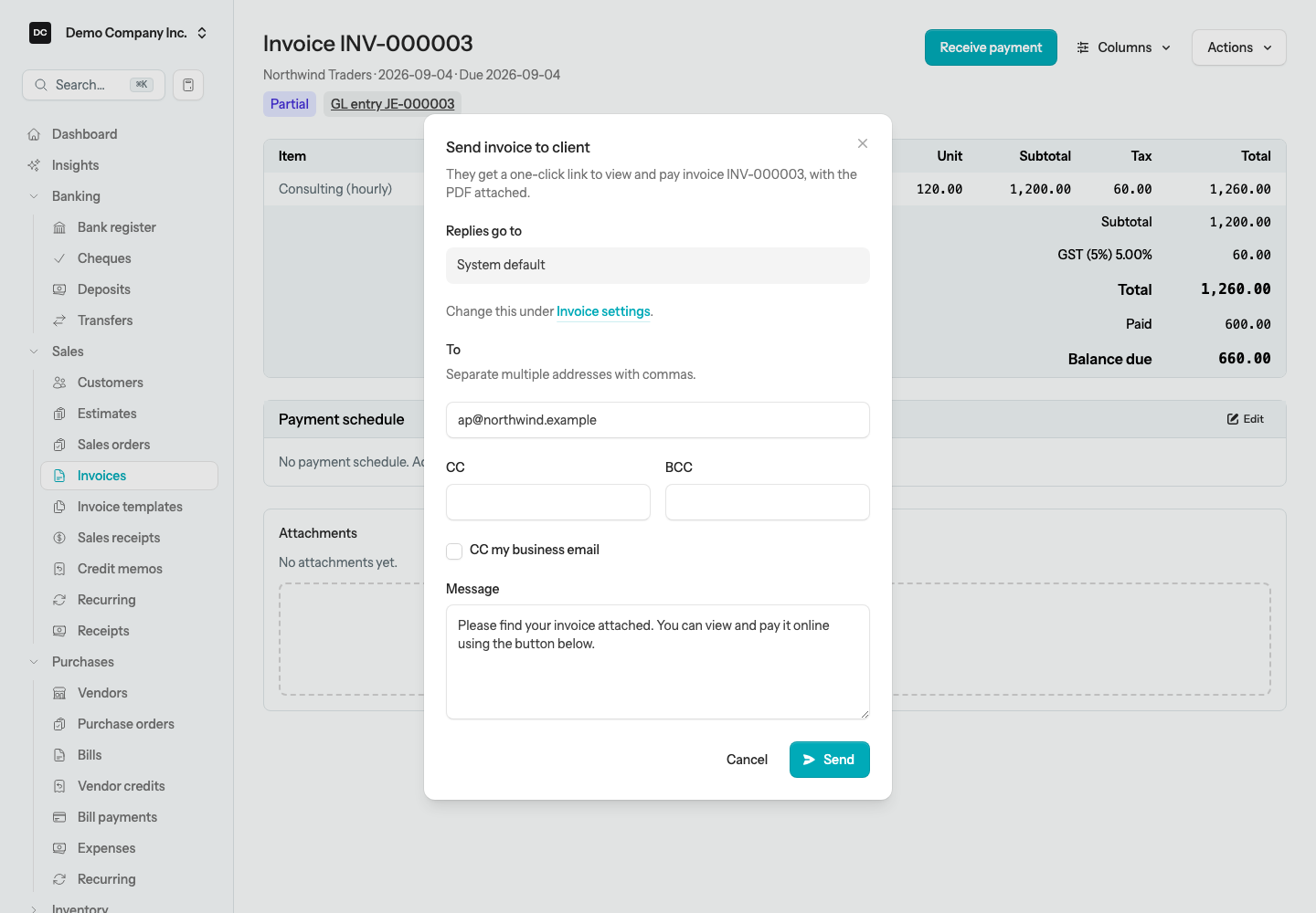 The Send invoice to client dialog with To, CC, and BCC fields, a “CC my business email” checkbox, and a message box
