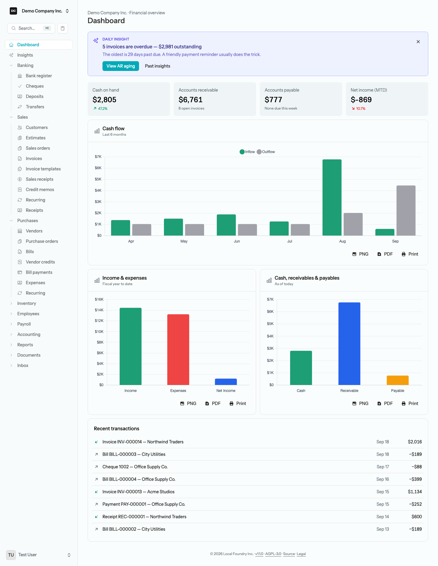 The Dashboard for Demo Company Inc. showing the Daily insight card, four summary cards, the Cash flow chart, and the Recent transactions list, with Dashboard and Insights at the top of the sidebar