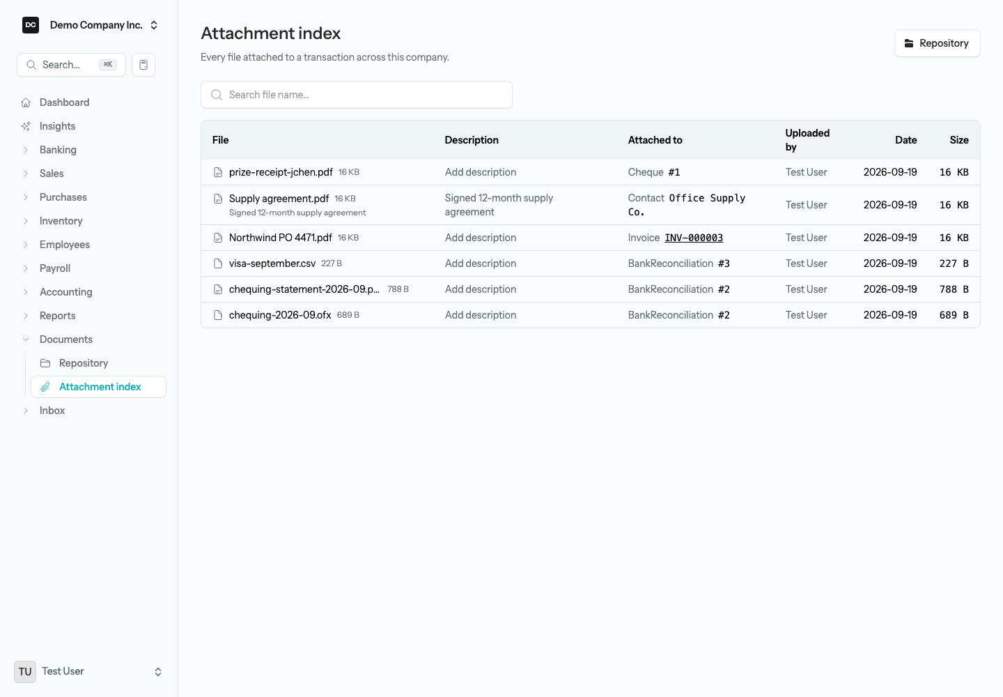 The Attachment index table listing files with File, Description, Attached to, Uploaded by, Date, and Size columns, where an invoice row shows a linked document number, a vendor row shows Contact and the vendor’s name, and a cheque row shows Cheque and an internal ID as plain text