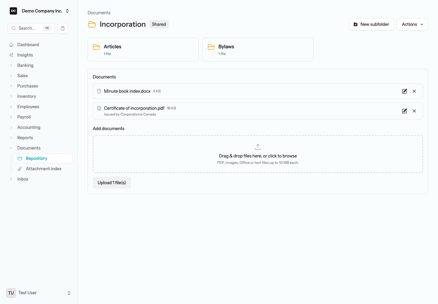 Inside a folder: the breadcrumb, the New subfolder and Actions buttons, a Documents list of files each with a pencil and an X control, and the Add documents dropzone with a staged file and an Upload 1 file(s) button