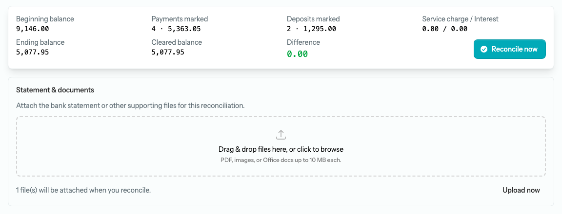 The Statement & documents panel on a reconciliation in progress, with a staged statement PDF, the note that 1 file(s) will be attached when you reconcile, and the Upload now button, below the Reconcile now button