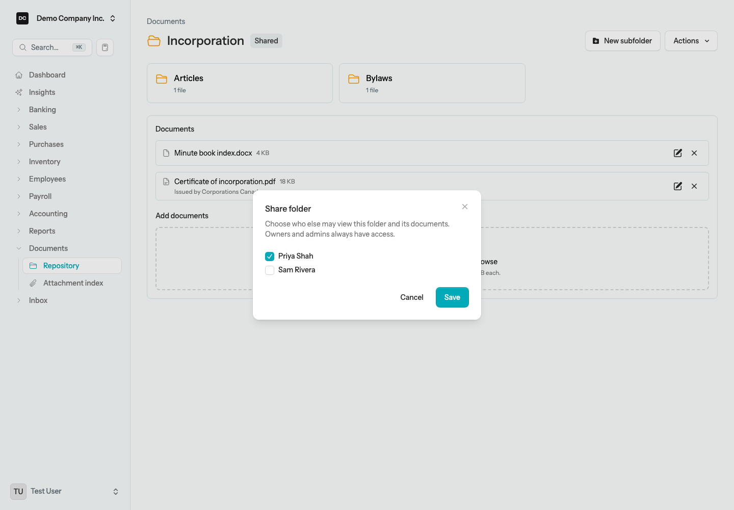 The Share folder dialog with a checkbox per member, the note that Owners and admins always have access, and Cancel and Save buttons
