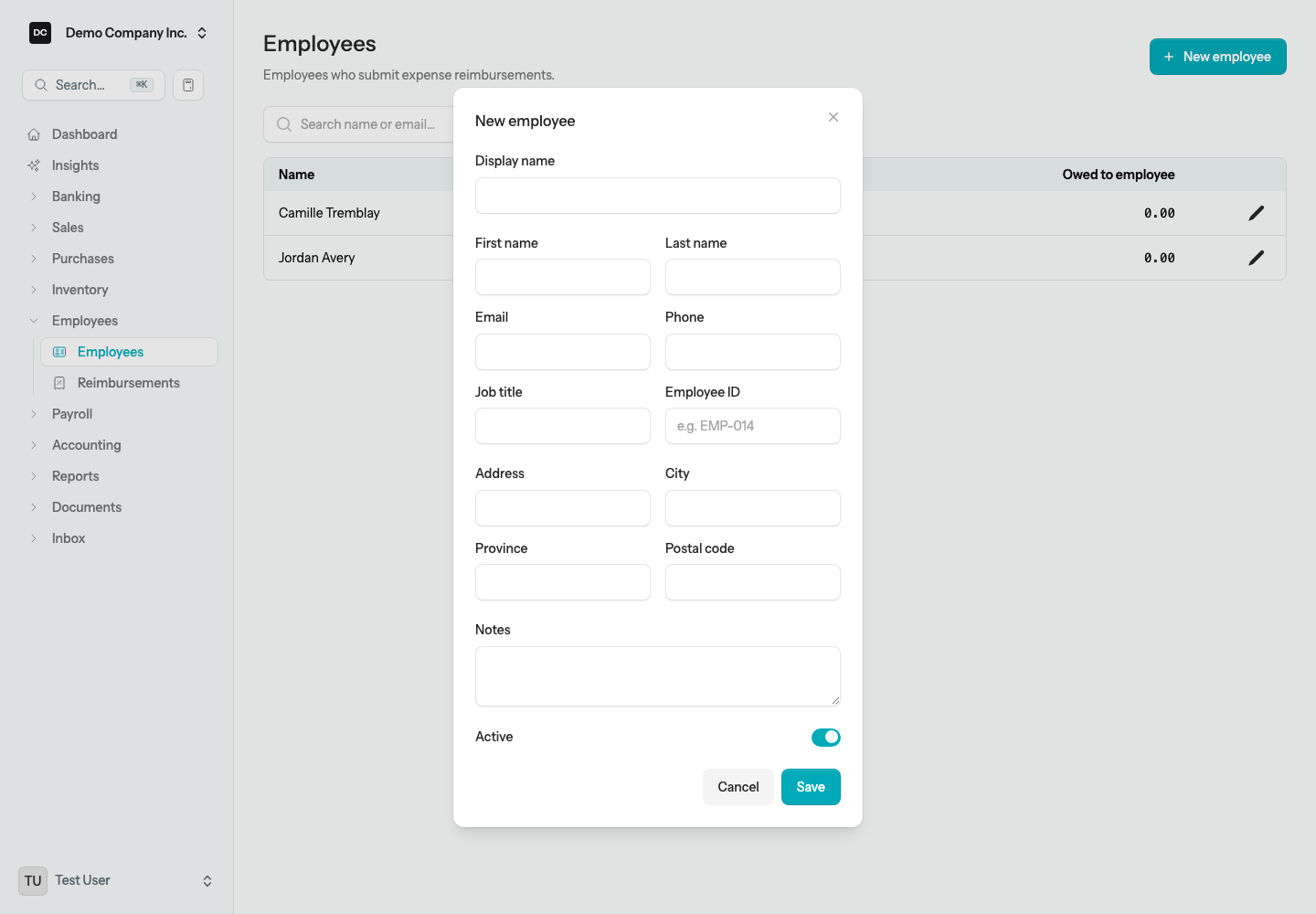 The New employee dialog with fields for display name, contact details, job title, employee ID, address, and notes