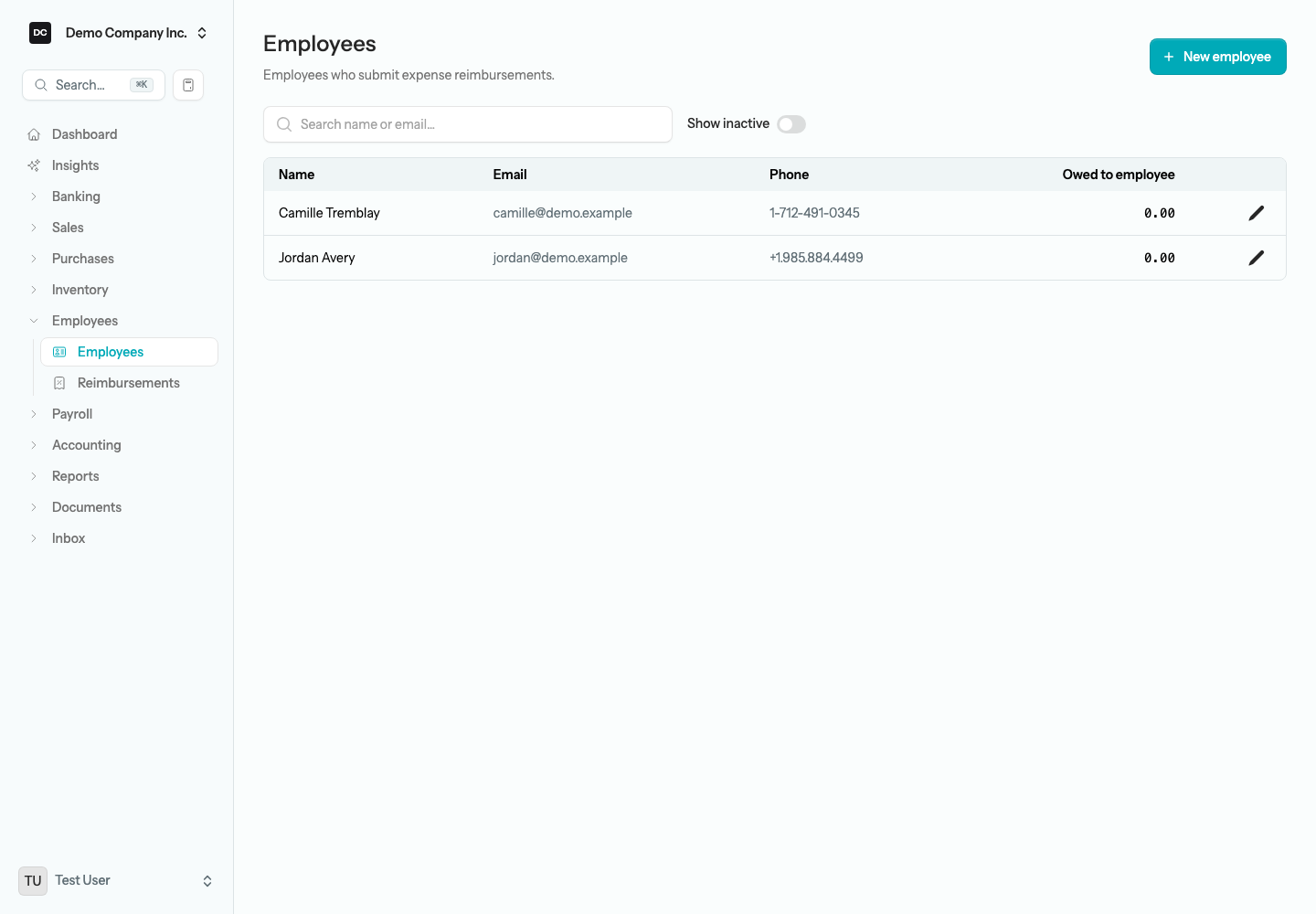 The Employees list showing each employee’s name, email, phone, and the Owed to employee column