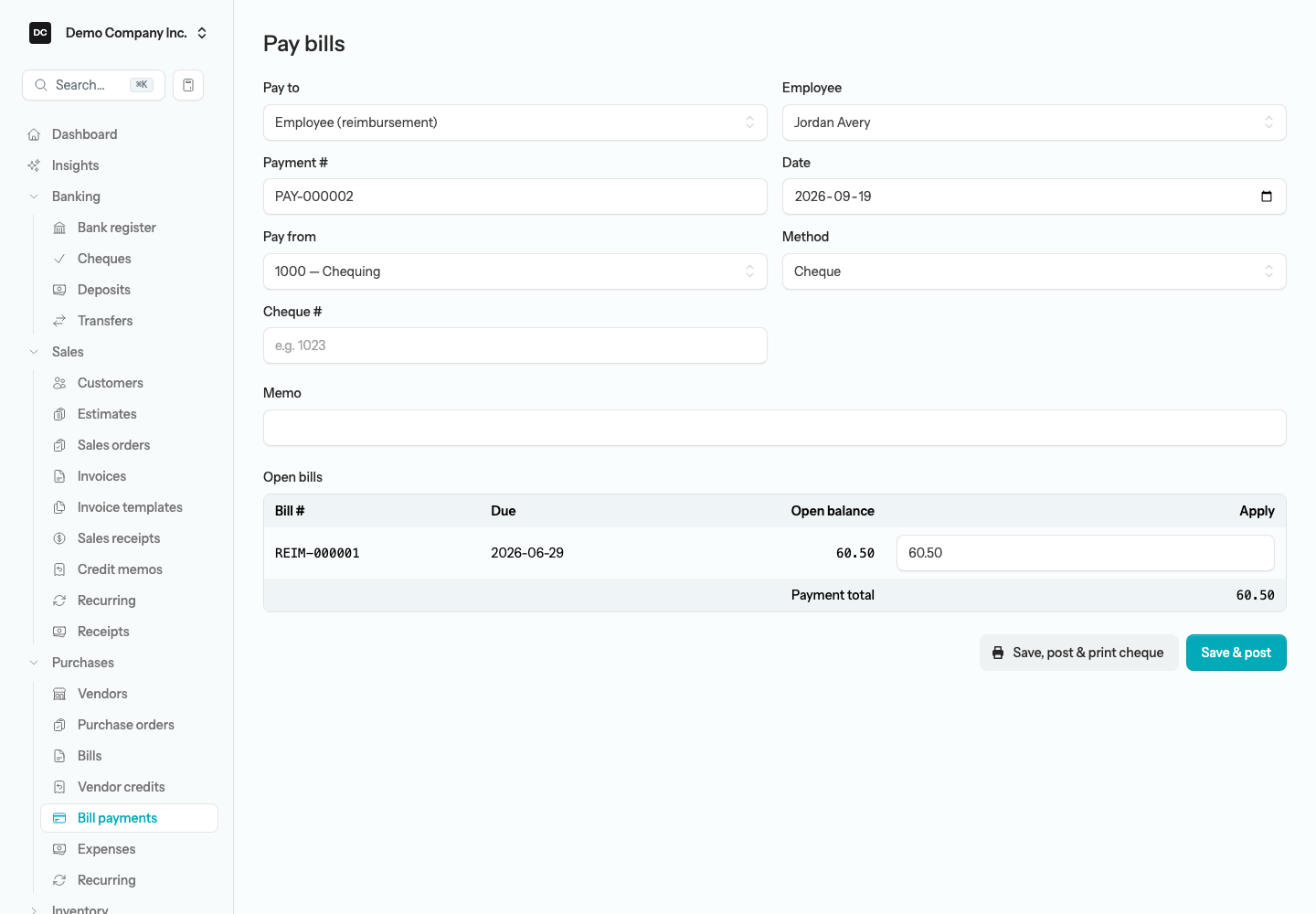 The Pay bills form reached from Pay employee, with Pay to set to Employee (reimbursement), the bank account and method chosen, and the open reimbursement listed with an Apply amount