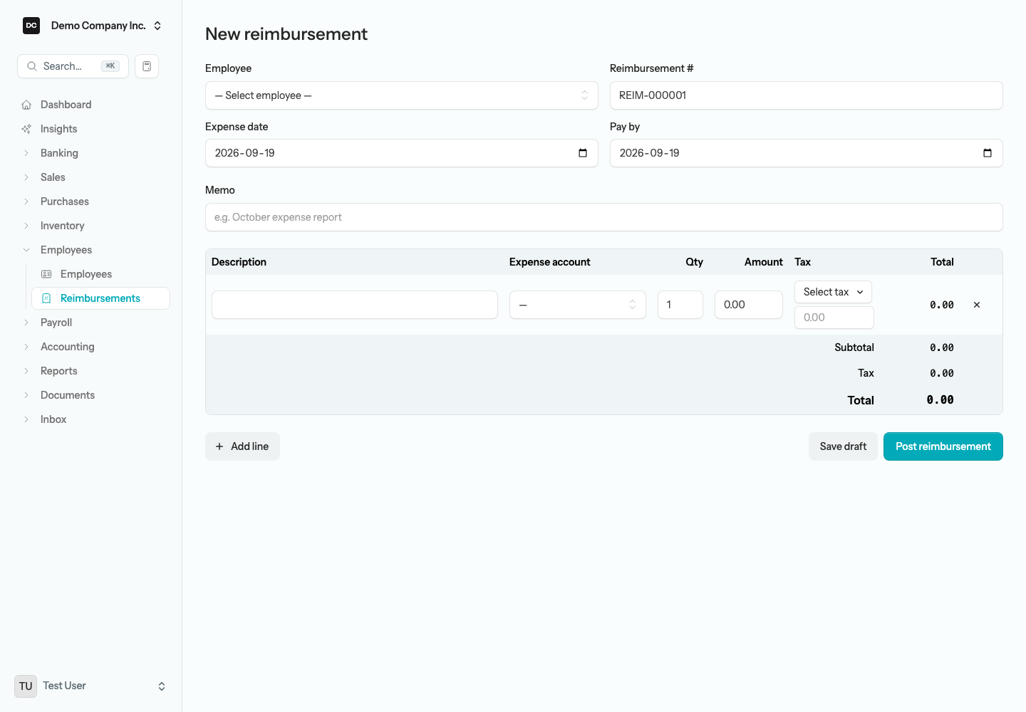 The New reimbursement form with employee, reimbursement number, expense date, pay by date, memo, and a line grid for description, expense account, quantity, amount, and tax
