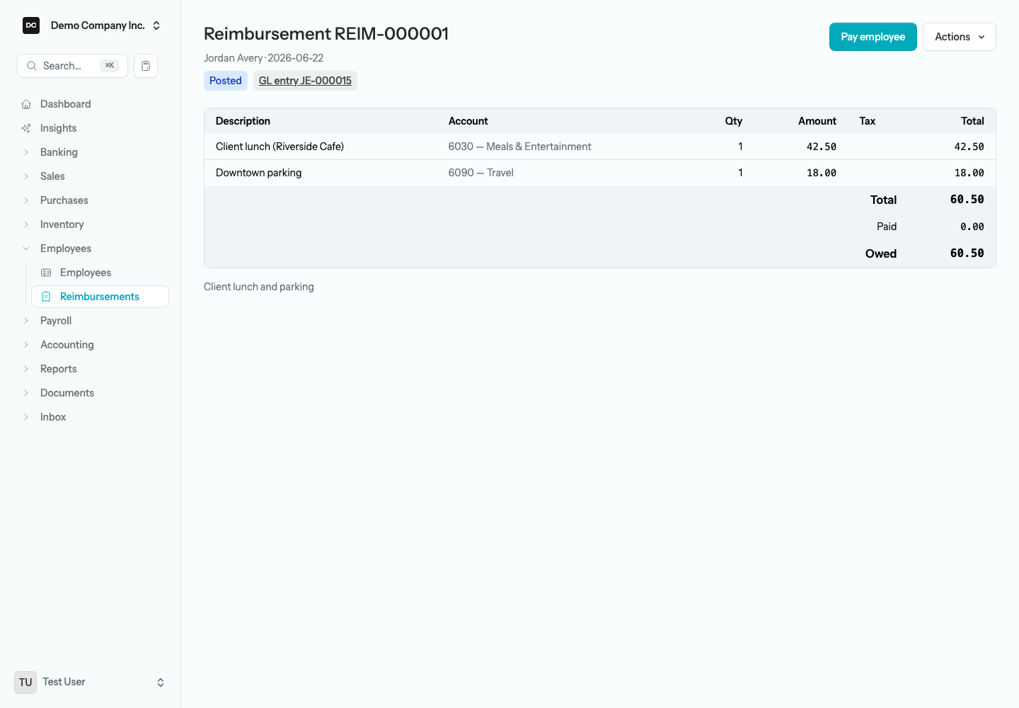 A posted reimbursement showing its Posted badge, GL entry link, Pay employee button, Actions menu, line items, and the Paid and Owed totals