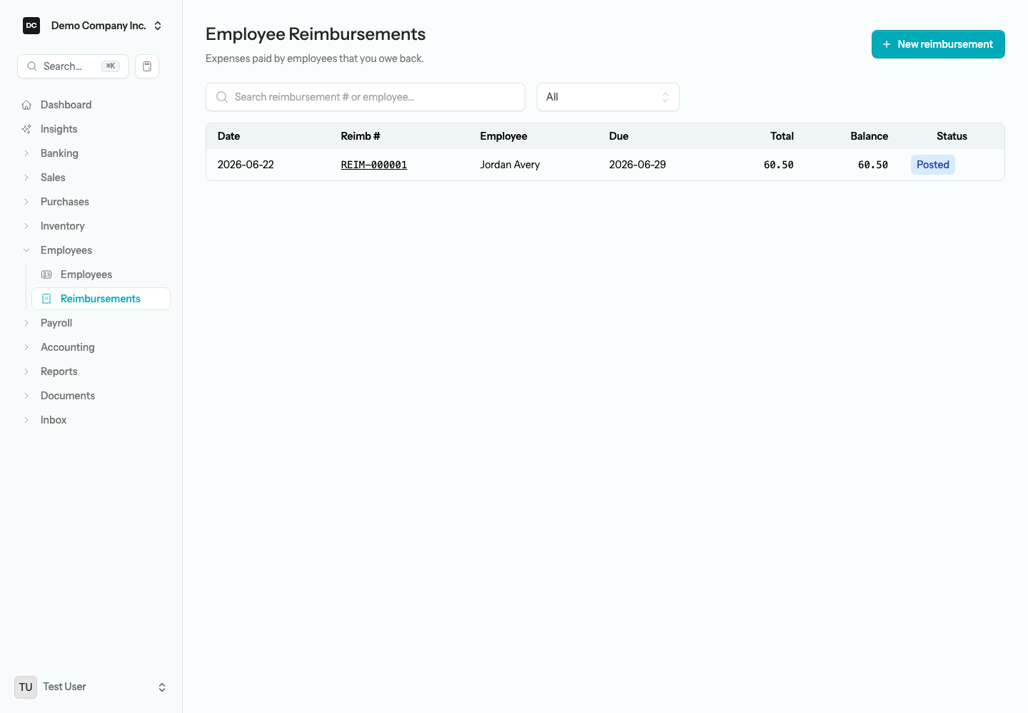 The Employee Reimbursements list showing REIM-numbered reimbursements with their employee, dates, total, balance, and status