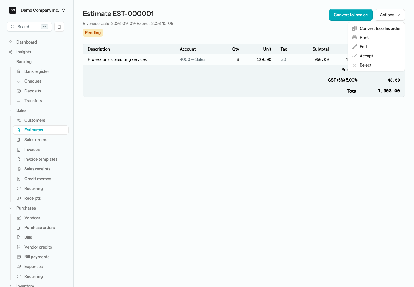 A Pending estimate’s Actions menu open, showing Convert to sales order, Print, Edit, Accept, and Reject