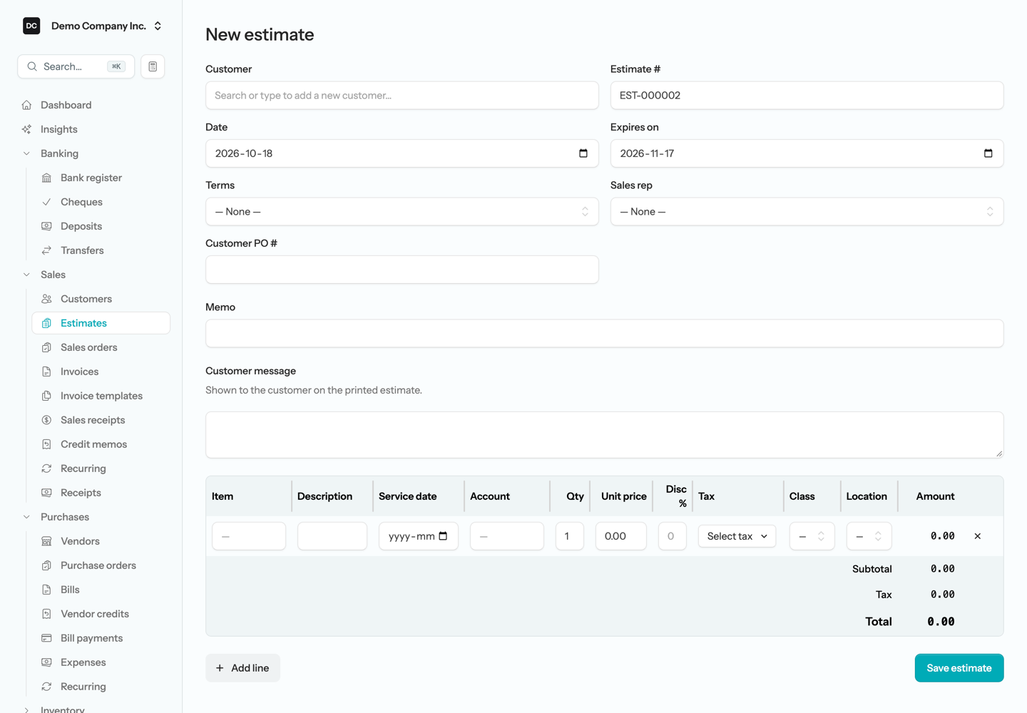A blank New estimate form: the Estimate #, Date and Expires on already filled in, the Customer still to choose, and one empty line in the grid