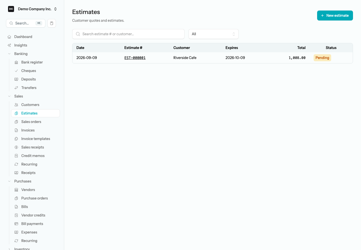 The Estimates list showing one Pending quote for Riverside Cafe, with the search box and status filter above it