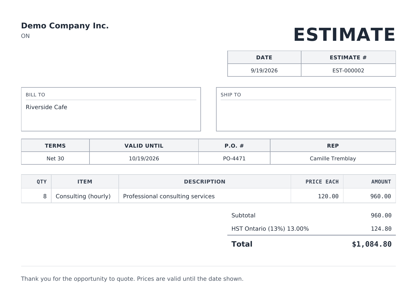 The printed estimate PDF for Demo Company Inc. showing the ESTIMATE title, the Terms, Valid Until, P.O. # and Rep strip, the lines, per-tax-code totals, and the footer