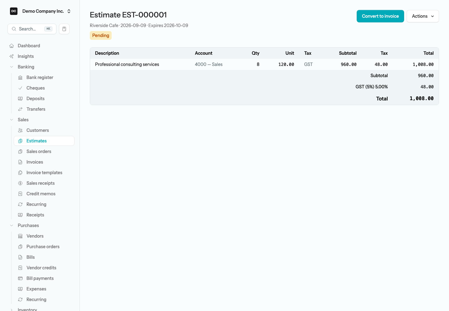 An open Pending estimate for Riverside Cafe showing its status badge, the line items and totals, and the Convert to invoice button