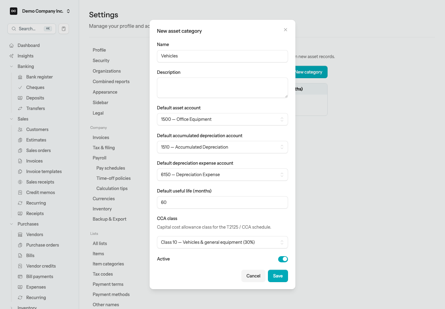 The New asset category dialog with Name, Description, the three default account pickers, Default useful life (months), the CCA class select showing Class 10 — Vehicles & general equipment (30%), and the Active switch