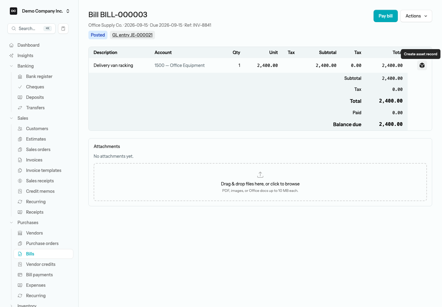 A bill on Demo Company Inc. with a line coded to a fixed-asset account, the cube button at the end of the row showing its Create asset record tooltip