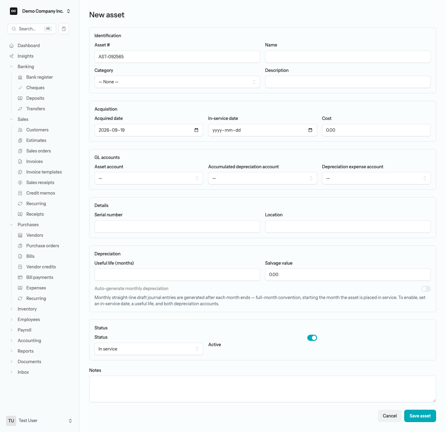 The New asset form with Identification, Acquisition, GL accounts, Details, Depreciation, and Status sections, the Auto-generate monthly depreciation switch, and a Notes box above the Save asset button