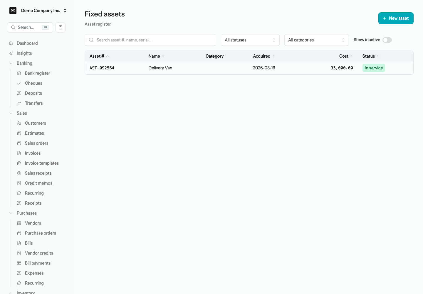 The Fixed assets register on Demo Company Inc., with the search box, status and category filters, and the Show inactive switch above a table listing the Delivery Van at a cost of 35,000.00 with a green In service badge