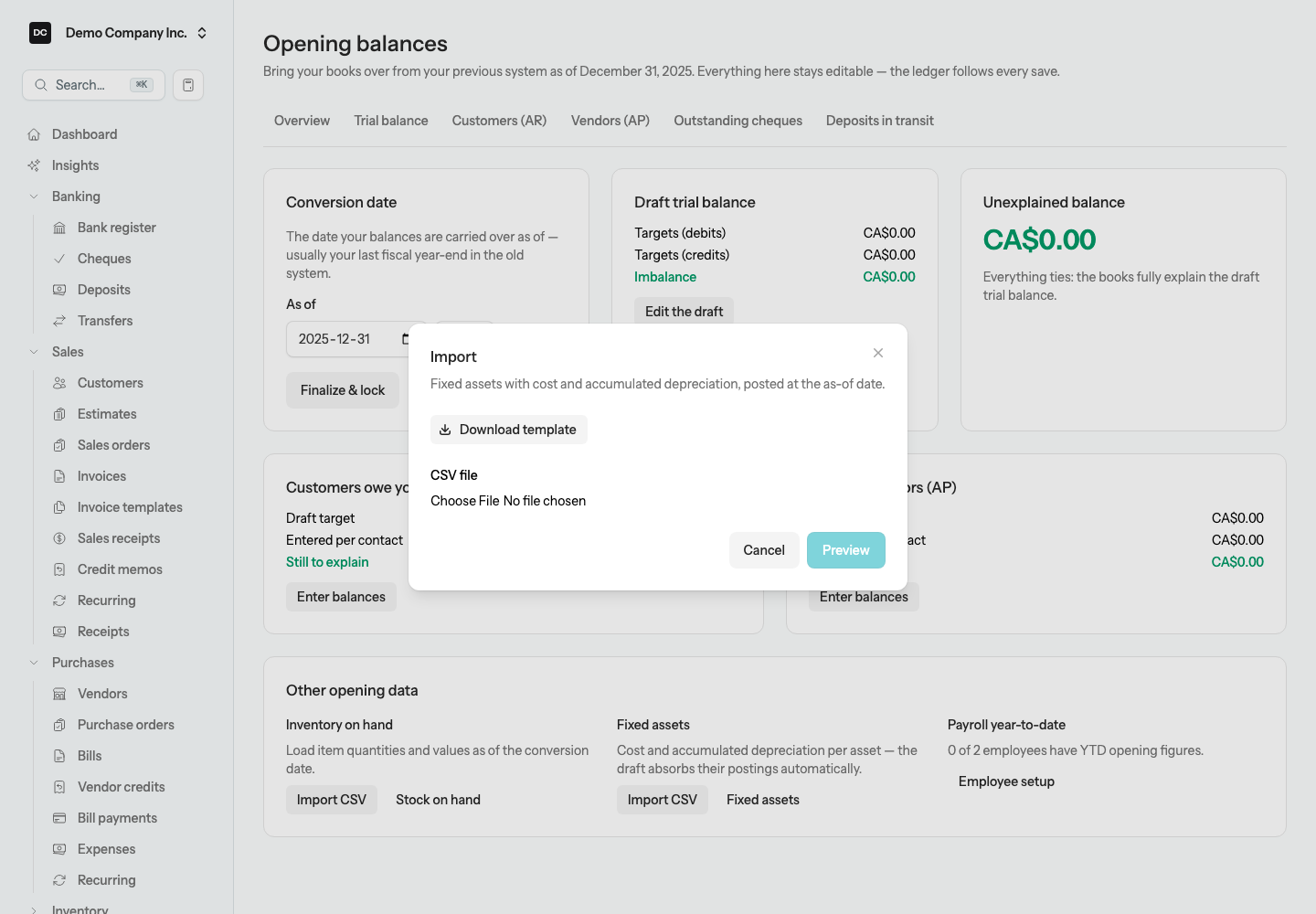 The Opening balances page with the Other opening data card, and the Import dialog for fixed assets open showing the Download template button, the CSV file chooser, and the Preview button