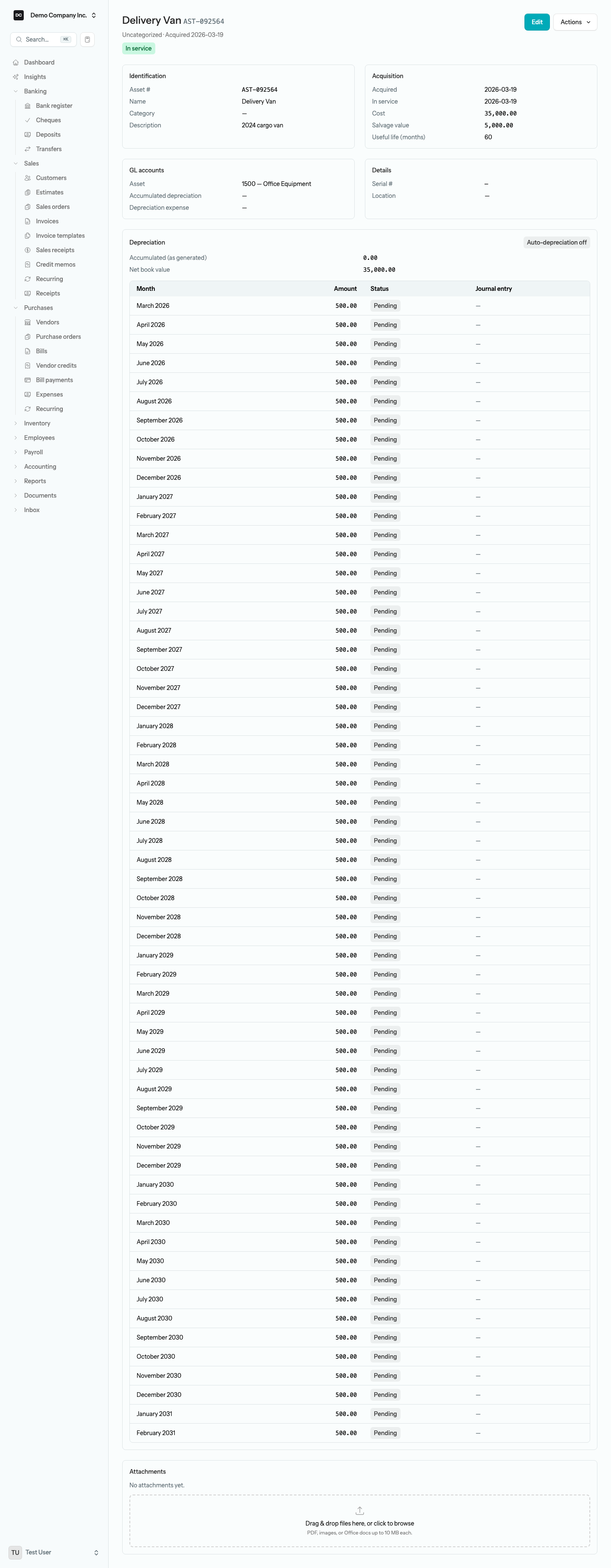 The Delivery Van detail page showing the Identification, Acquisition, GL accounts, and Details cards, with a cost of 35,000.00, salvage value 5,000.00, useful life 60 months, and the asset account 1500 — Office Equipment