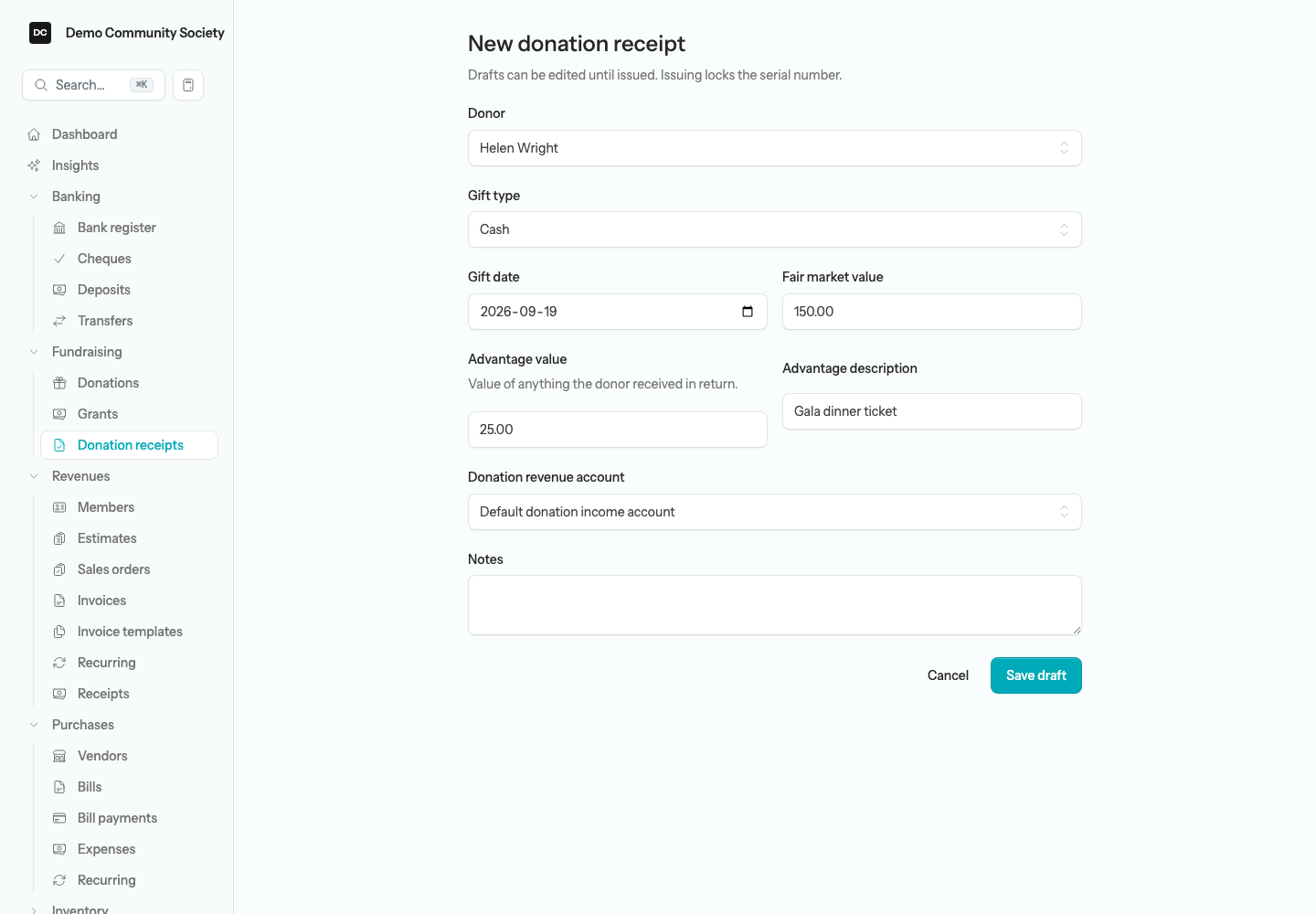 The New donation receipt form showing the Donor, Gift type, Gift date, Fair market value, Advantage value, Advantage description, and Donation revenue account fields