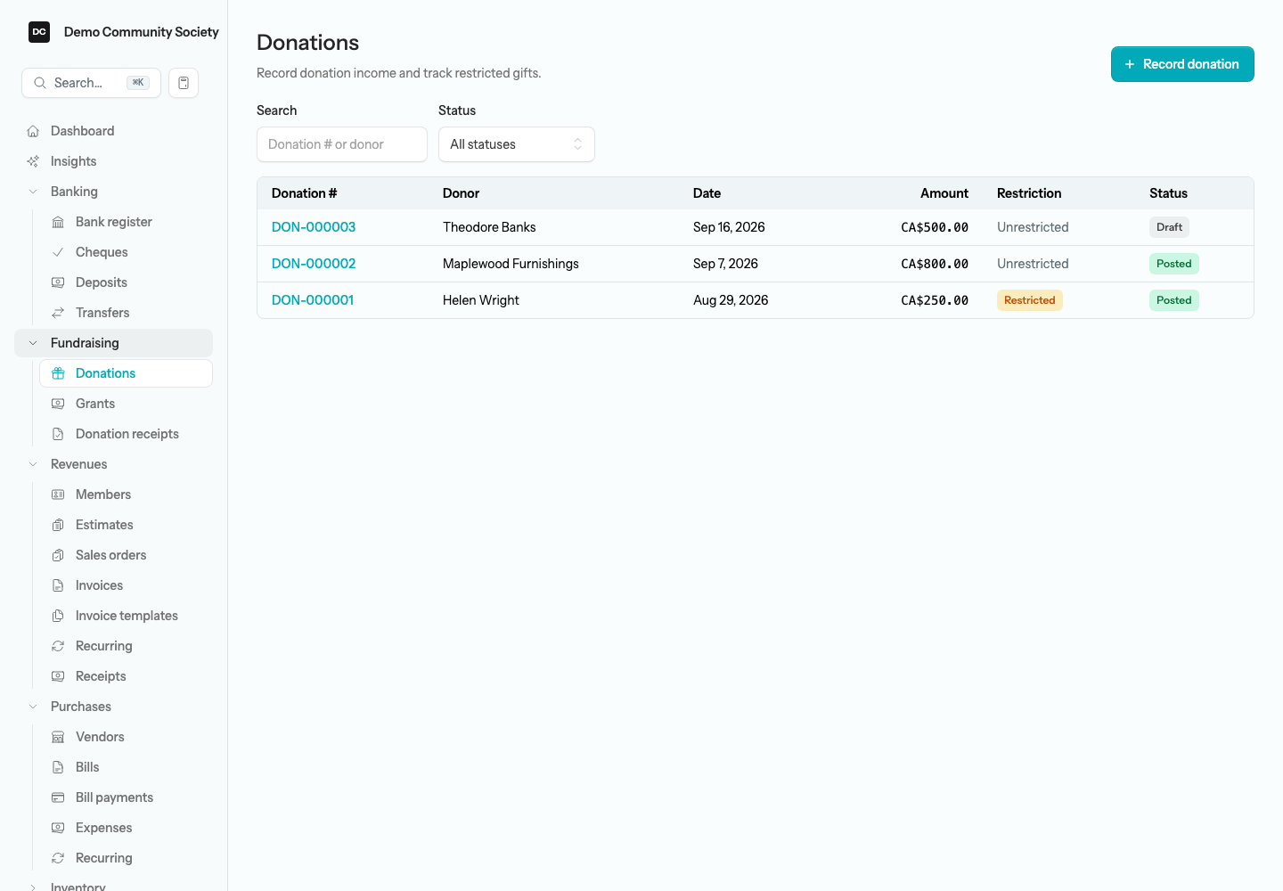 The Donations list showing the Donation #, Donor, Date, Amount, Restriction, and Status columns with the Record donation button, search box, and Status filter