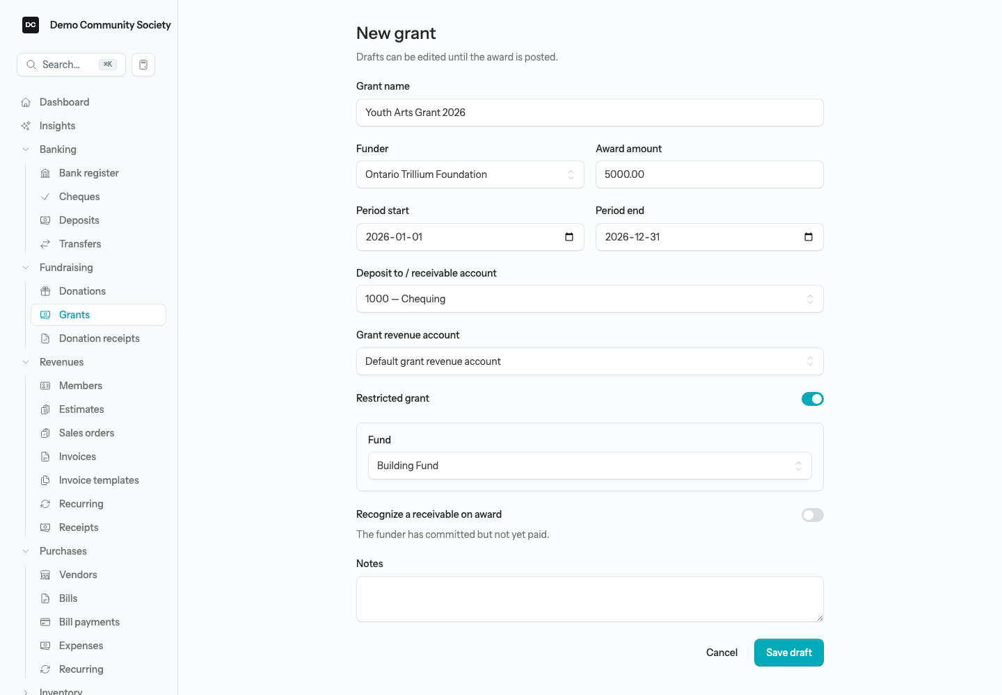 The New grant form showing the Grant name, Funder, Award amount, Period start and Period end, Deposit to / receivable account, Grant revenue account, the Restricted grant switch with the Fund picker open, and the Recognize a receivable on award switch