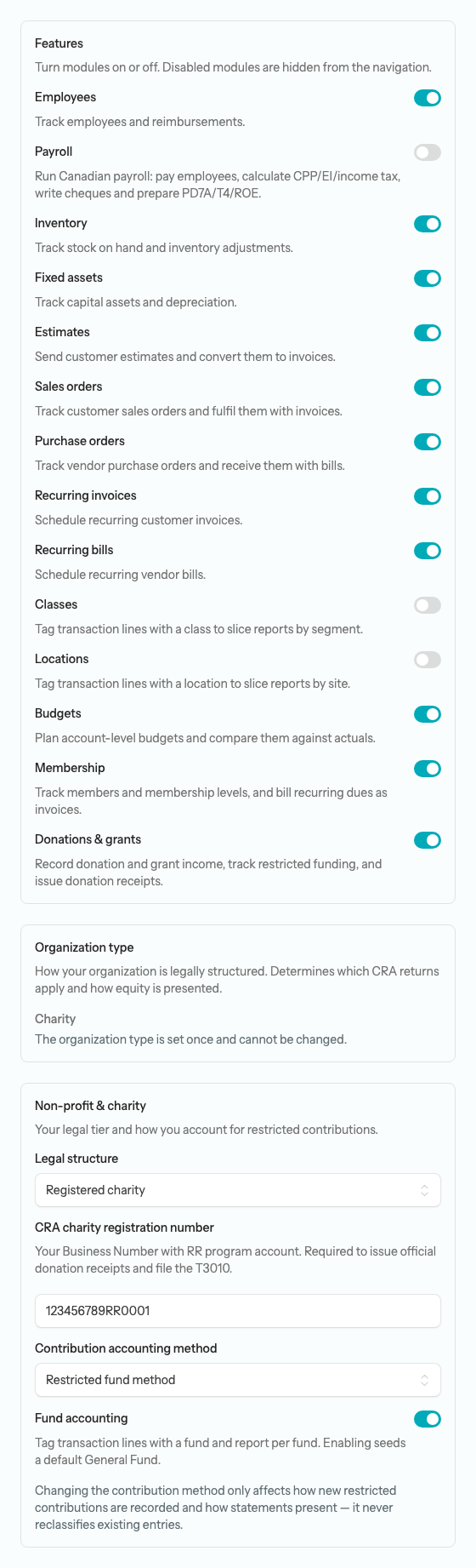 The organization settings page showing the Donations & grants feature switch and the Non-profit & charity card with Legal structure, CRA charity registration number, Contribution accounting method, and Fund accounting