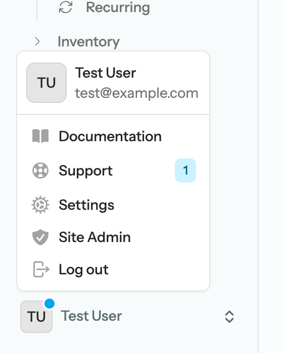 The account menu open at the bottom of the sidebar, showing the signed-in user, then Documentation, Support with an unread-reply badge, Settings, Site Admin, and Log out