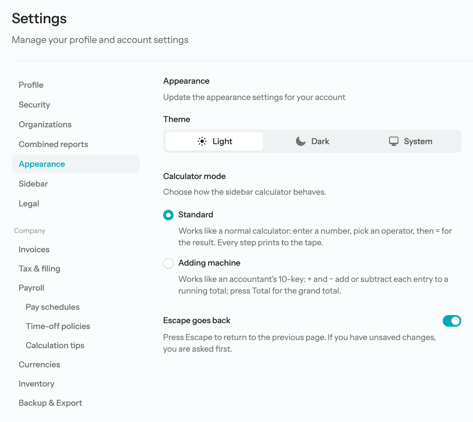 Settings → Appearance showing the Theme choice of Light, Dark, and System, the Calculator mode options Standard and Adding machine, and the Escape goes back switch