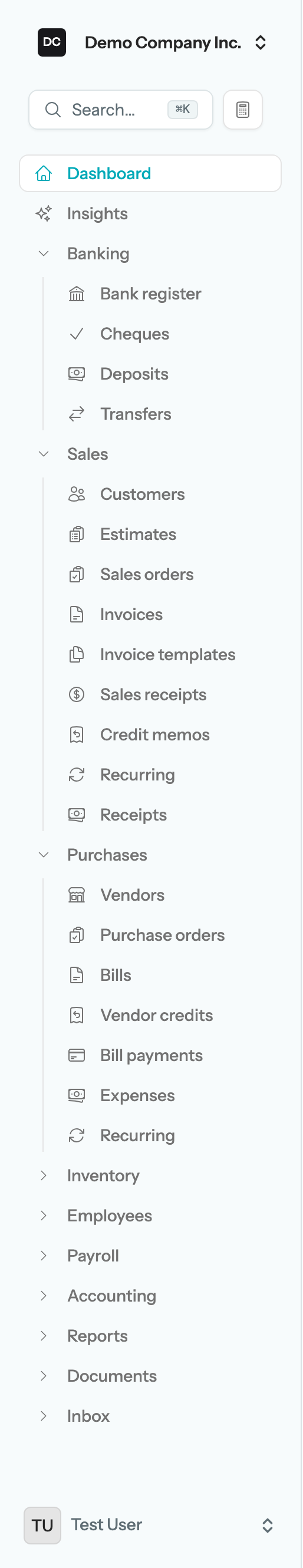 The LineLedger sidebar for Demo Company Inc. showing the organization switcher, the Search box with its ⌘K hint and the Calculator button, the Dashboard and Insights links, the Banking, Sales, Purchases, Inventory, Employees, Payroll, Accounting, Reports, Documents, and Inbox groups, and the account menu at the bottom