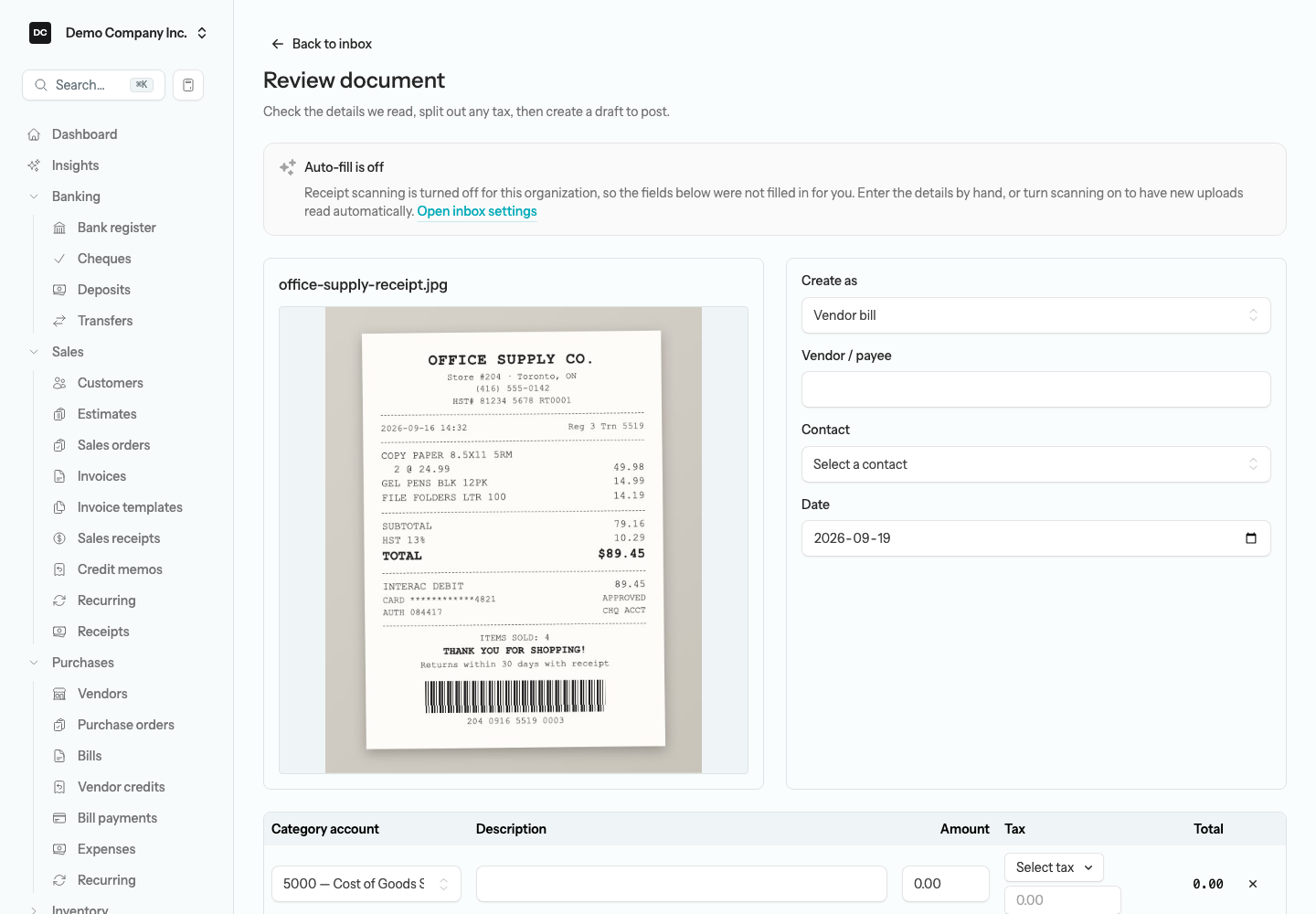 The top of the review screen showing the Auto-fill is off notice with its Open inbox settings link above the document preview and the Create as form