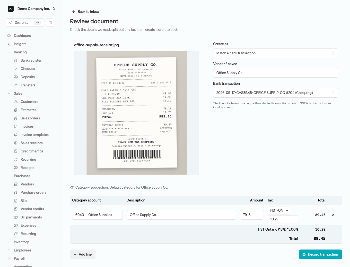 The review screen with Create as set to Match a bank transaction, showing the Bank transaction selector and its hint that the line total must equal the transaction amount, no Contact or Date fields, and the Record transaction button