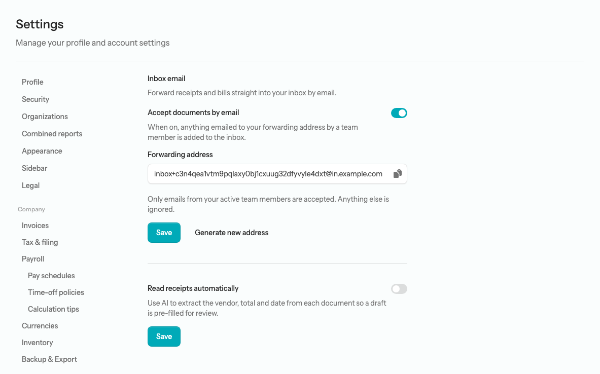 Settings → Inbox email showing the Accept documents by email switch, the generated forwarding address with its copy button, the Generate new address button, and the Read receipts automatically switch with its own Save
