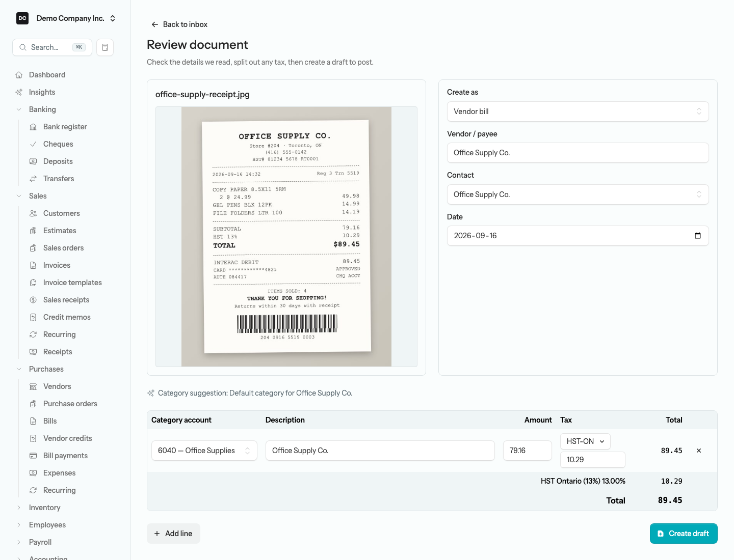 The review screen with the receipt preview on the left, the Create as, Vendor / payee, Contact, and Date fields on the right, a Category suggestion line, and the line grid with Category account, Description, Amount, Tax, and Total columns