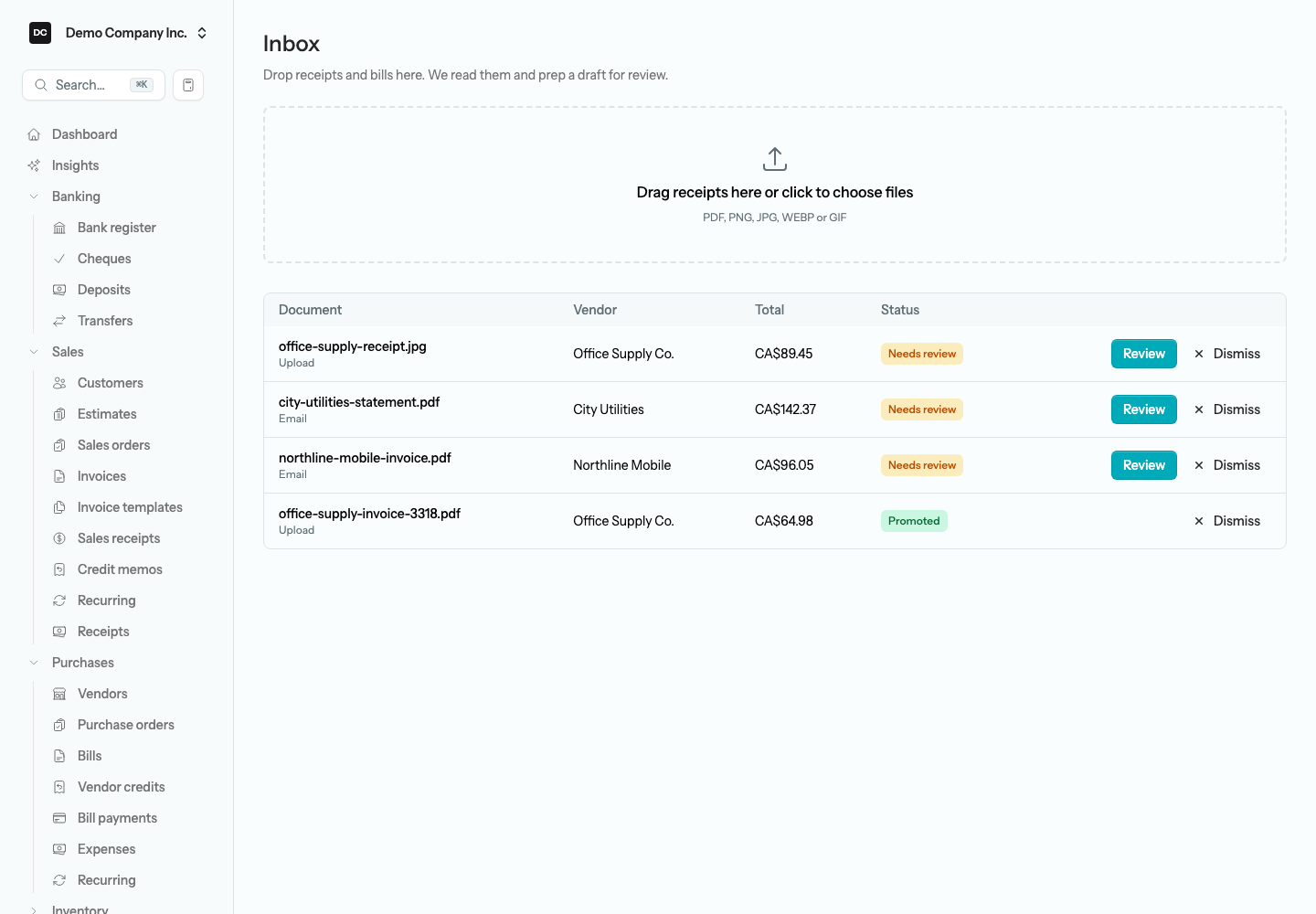 The Inbox review queue with a drag-and-drop zone above a table of staged documents showing their source, vendor, total, and status badges, with Review and Dismiss buttons