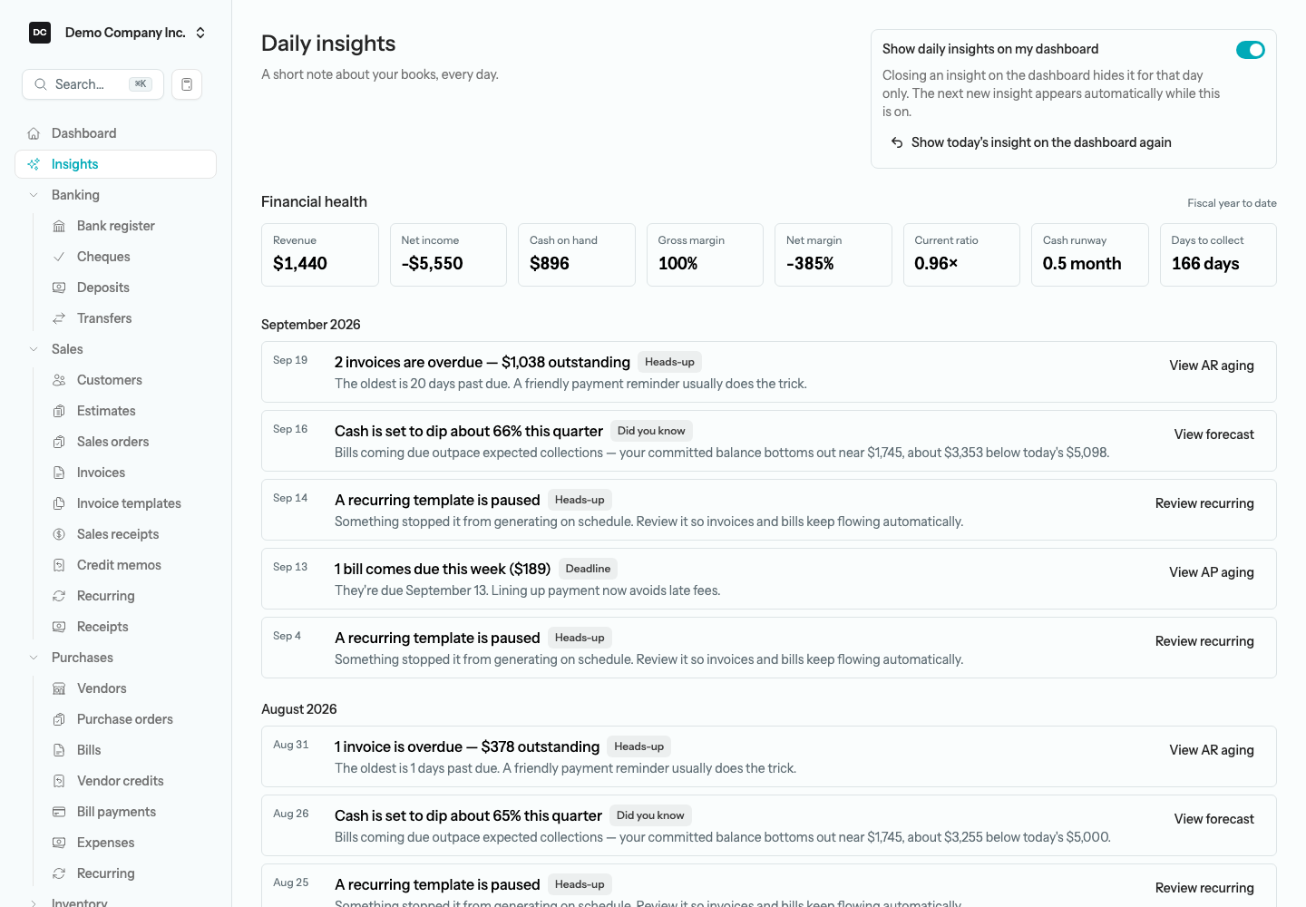 The Daily insights page for Demo Company Inc. with the “Show daily insights on my dashboard” switch top-right, the eight-tile Financial health panel, and the first rows of insight history grouped by month