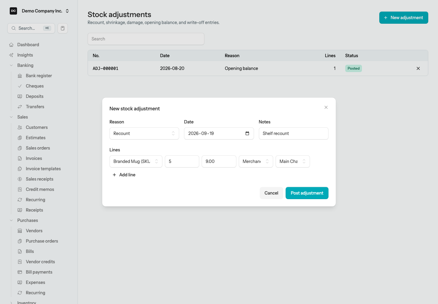The New stock adjustment dialog with Reason, Date, and Notes fields and a line for the Branded Mug showing the item, Qty (±), Unit cost, Class, and Location cells, with the Post adjustment button