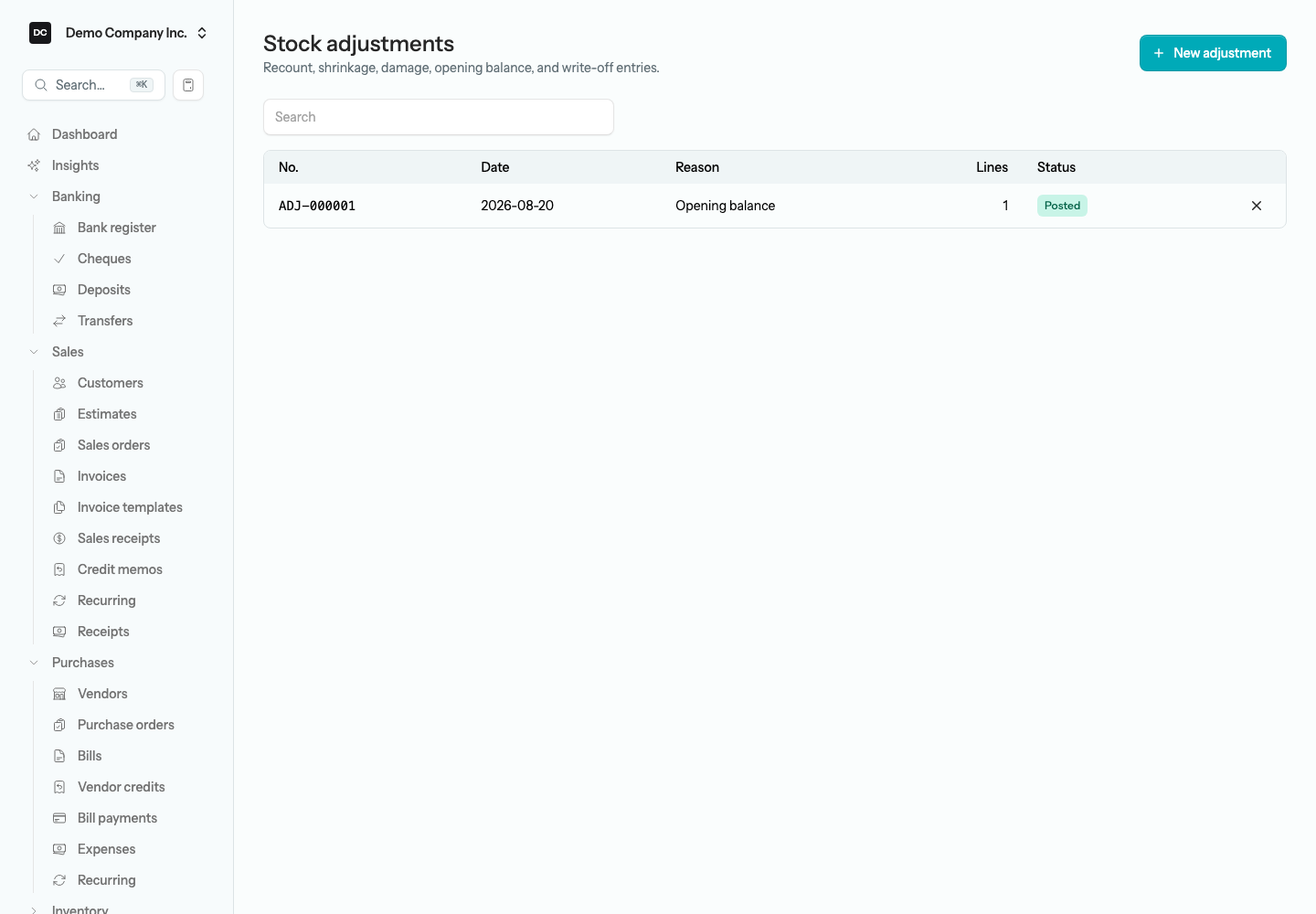 The Stock adjustments list showing the Opening balance adjustment ADJ-000001 with one line and a Posted status
