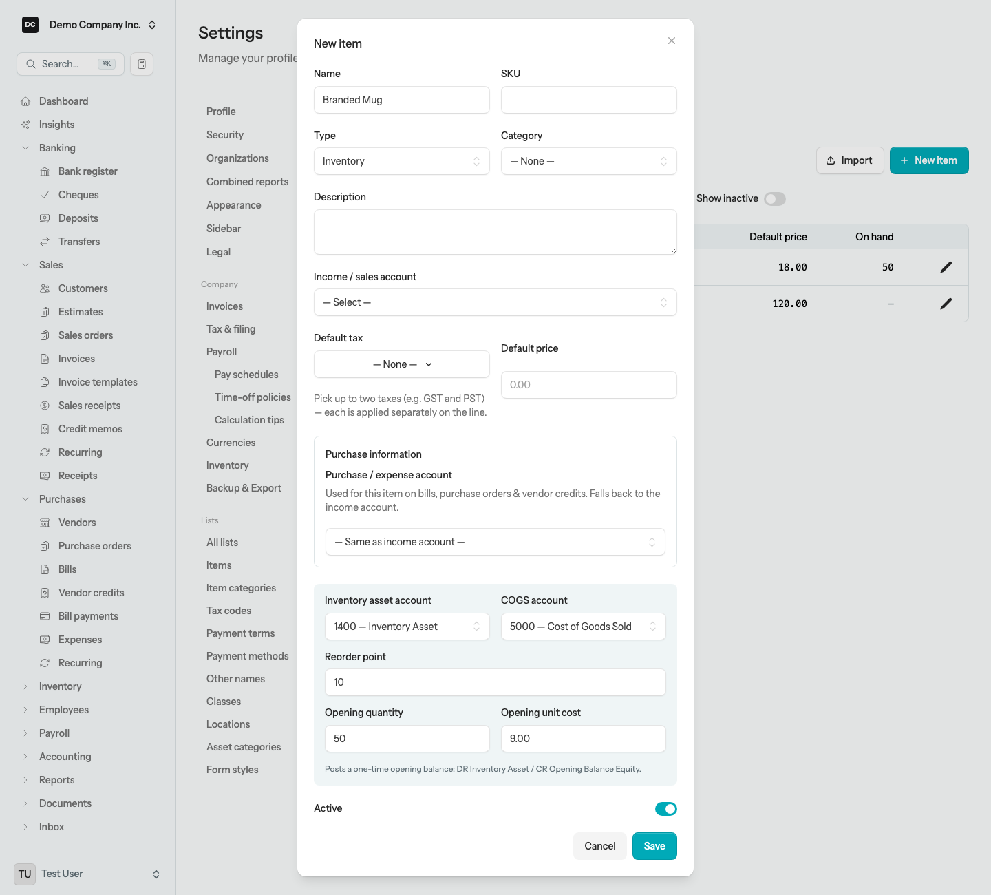 The New item dialog with Type set to Inventory, showing the pre-filled Inventory asset account and COGS account, the Reorder point, the Opening quantity and Opening unit cost fields, and the note that saving posts DR Inventory Asset / CR Opening Balance Equity