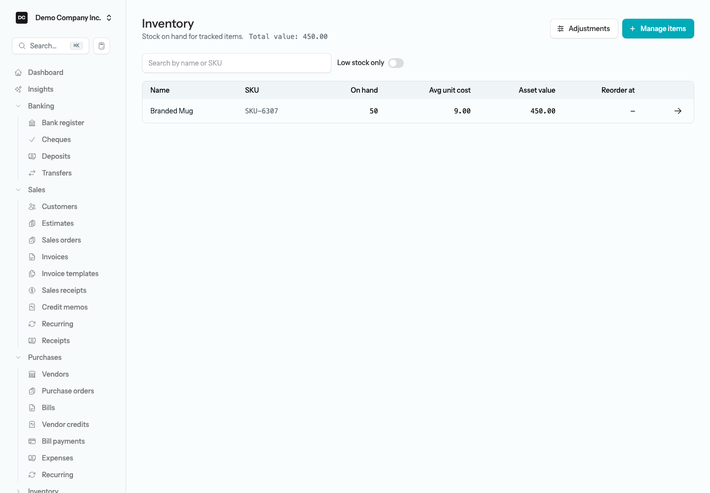 The Stock on hand list showing the Branded Mug with 50 on hand at an average unit cost of 9.00 and an asset value of 450.00, with the Total value in the heading and the Adjustments and Manage items buttons