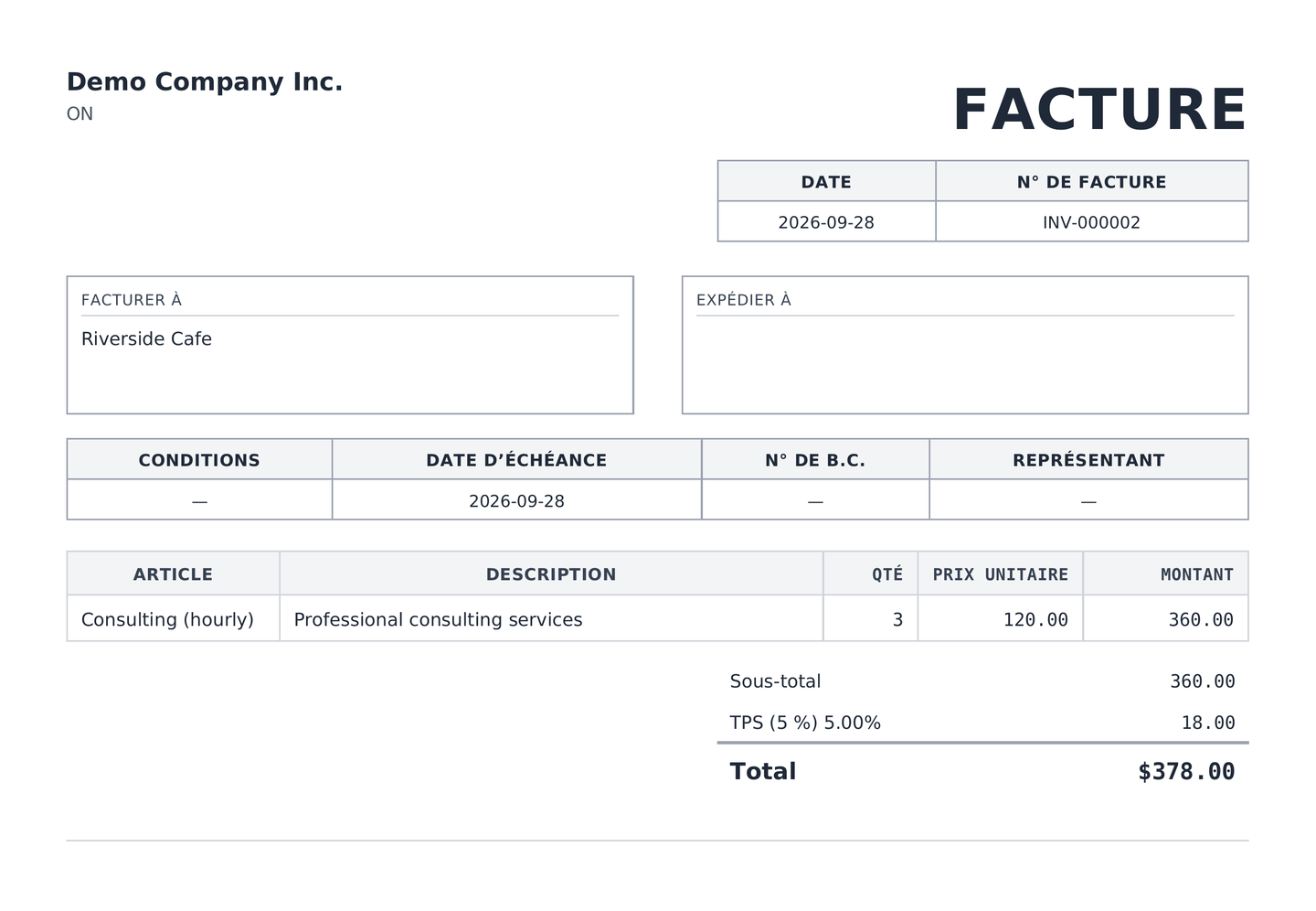 An invoice PDF printed in French, headed FACTURE, with Facturer à, the dates, and the totals labelled in French