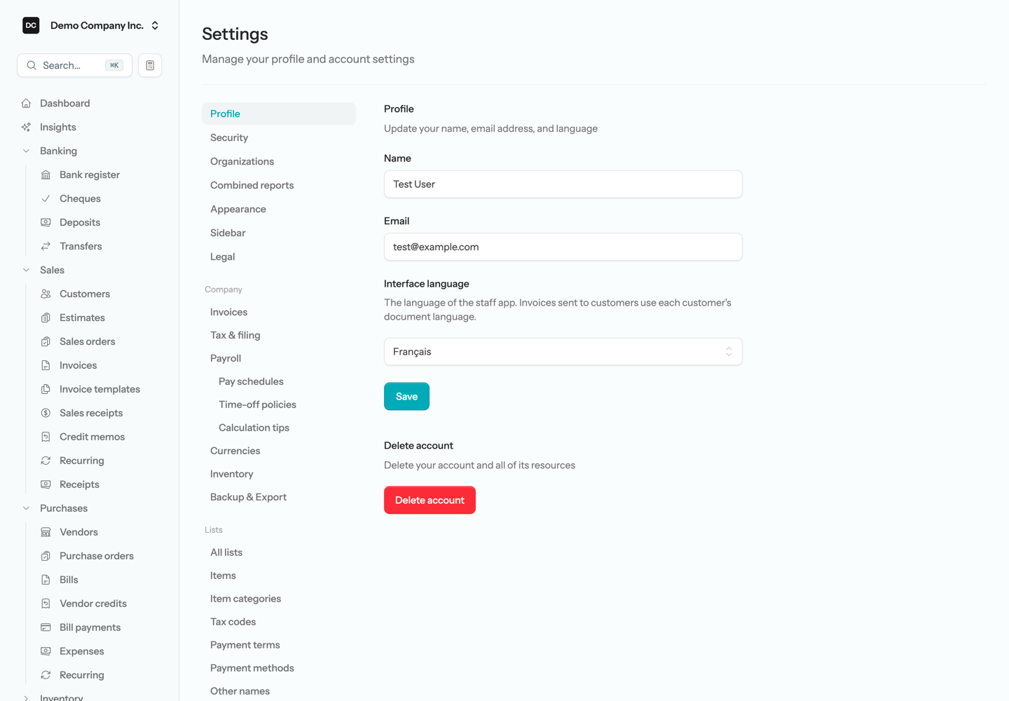 Settings → Profile with the Name and Email fields and Français chosen in the Interface language list, above the Save button