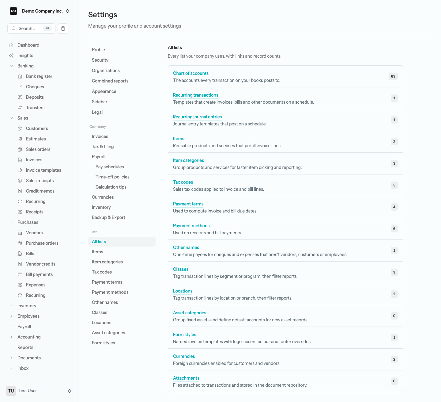 The All lists hub with one row per list, each with a short description and a count badge