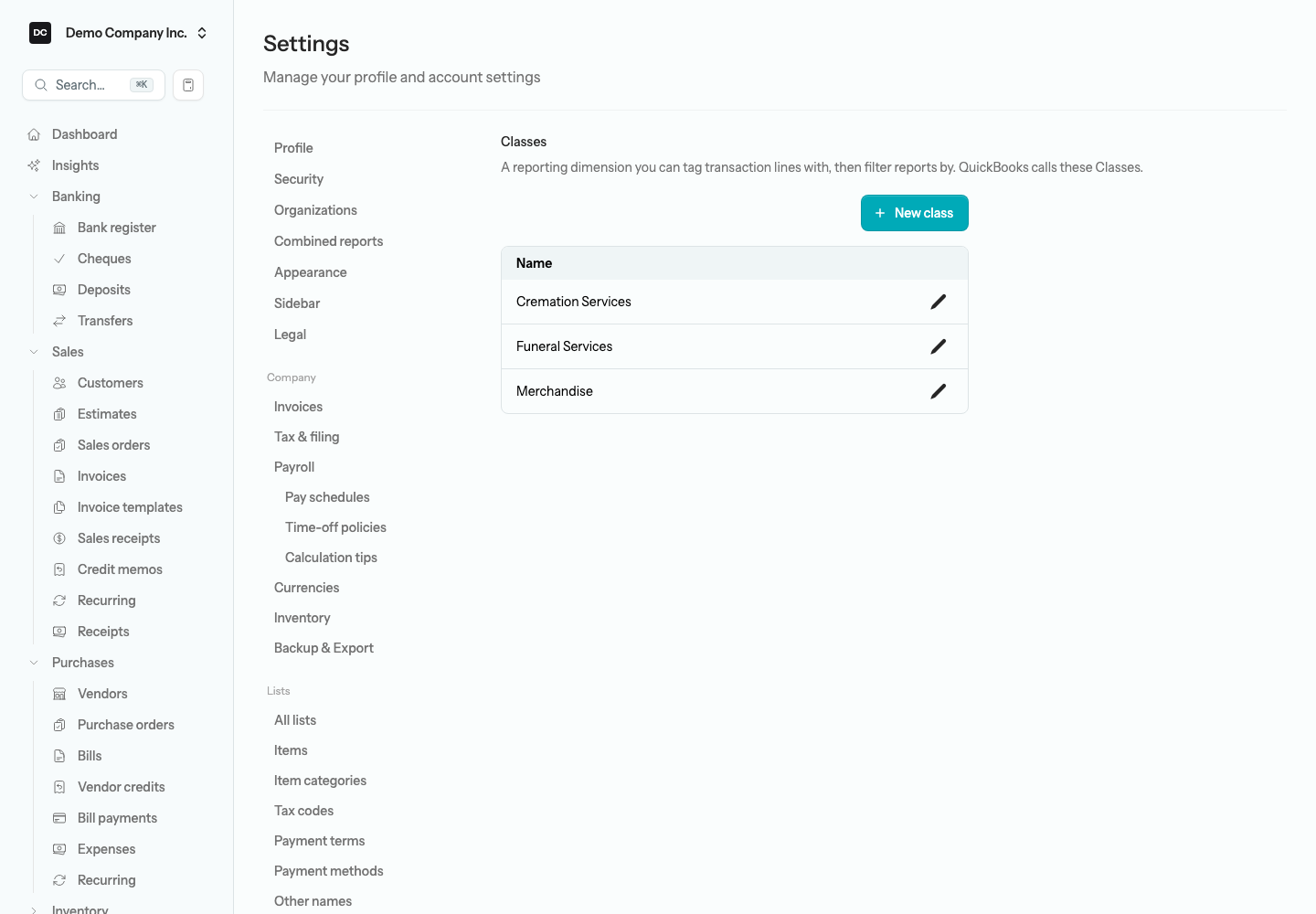 The Classes list showing Cremation Services, Funeral Services, and Merchandise