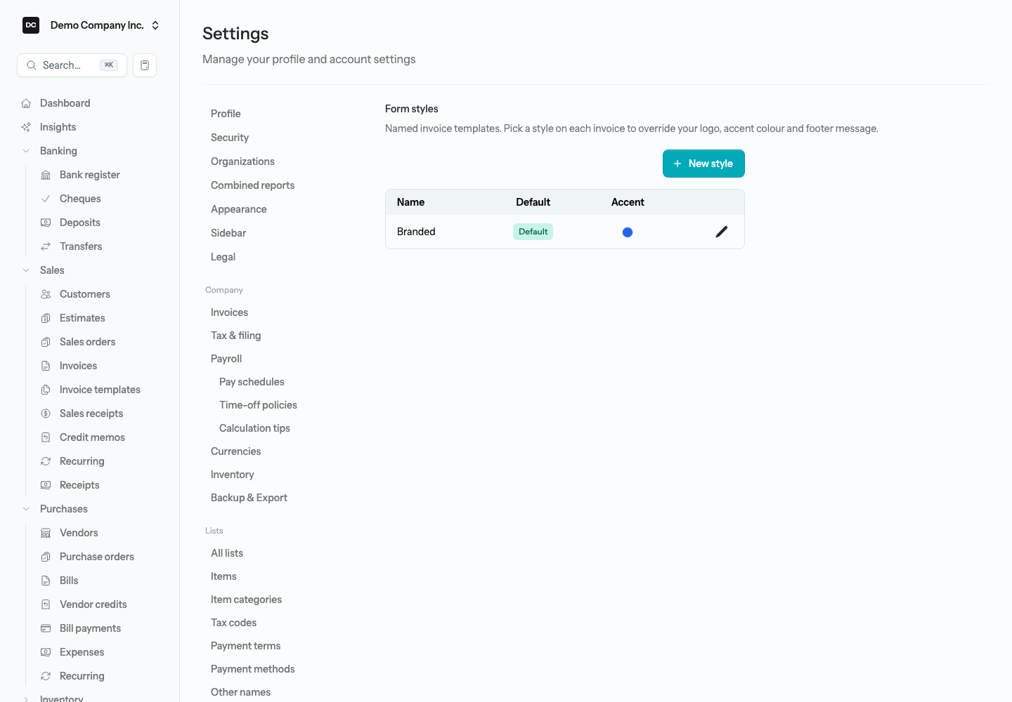 The Form styles list showing a named style with a Default badge and an accent-colour swatch