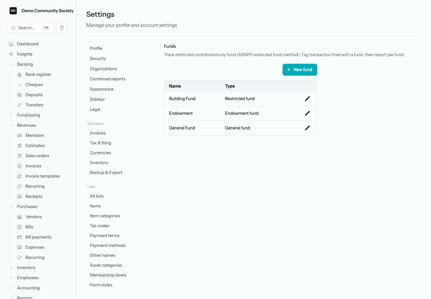 The Funds list for Demo Community Society with a New fund button above three rows: Building Fund as a Restricted fund, Endowment as an Endowment fund, and General Fund as a General fund