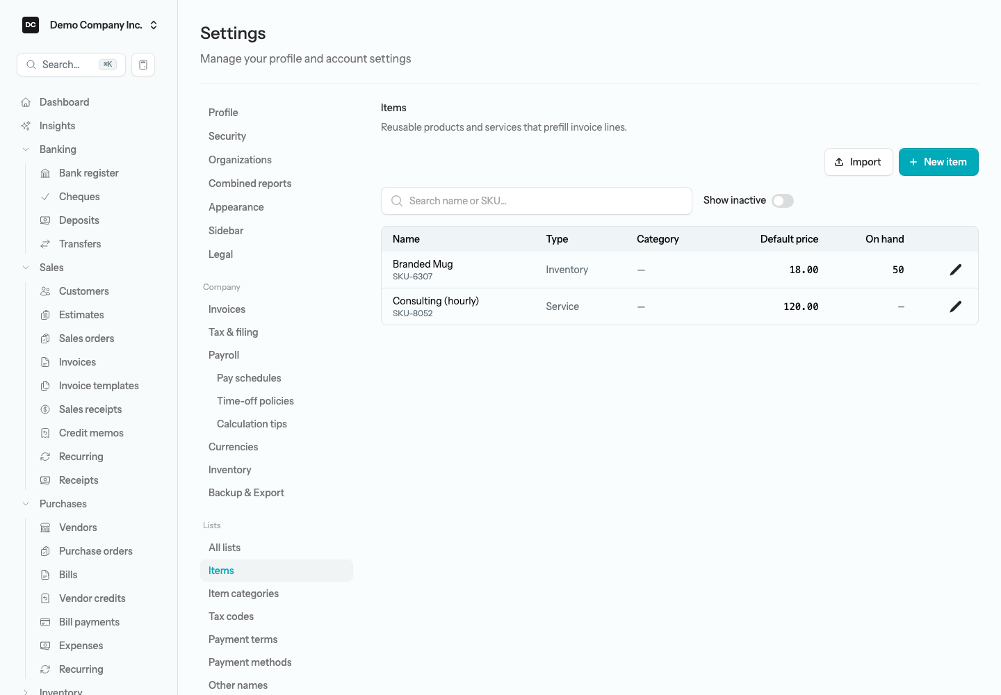 The Items list with Import and New item buttons, a Search name or SKU box, and a Show inactive switch above two rows: Branded Mug, an Inventory item with 50 on hand, and Consulting (hourly), a Service item with a dash in the On hand column