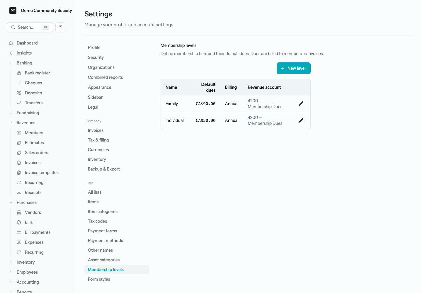 The Membership levels list for Demo Community Society showing Individual and Family with their default dues, annual billing, and revenue account