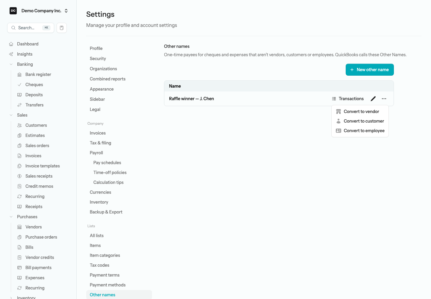 The Other names list showing Raffle winner — J. Chen with a Transactions button, an edit button, and the row menu open on Convert to vendor, Convert to customer, and Convert to employee